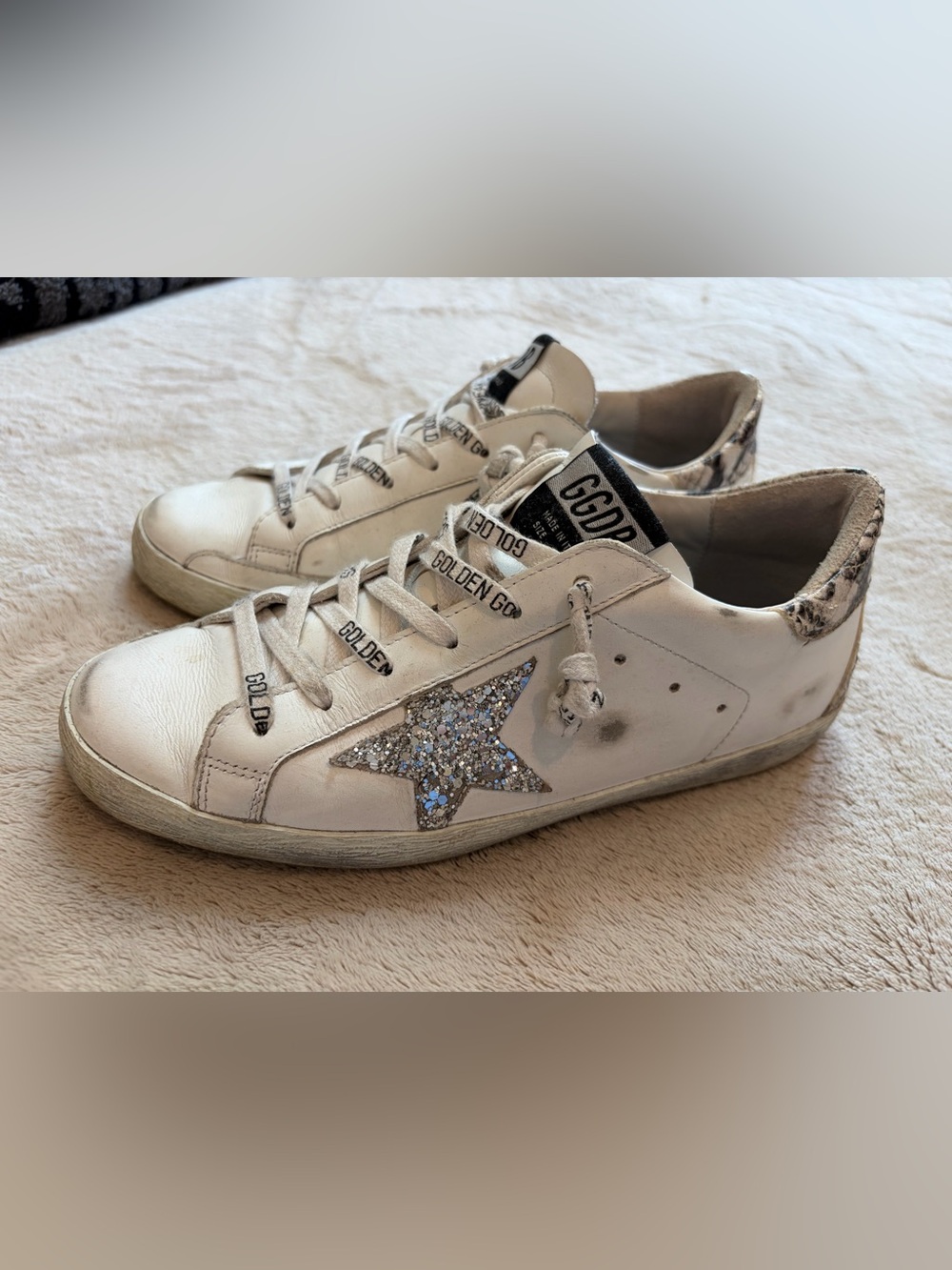 Golden Goose White Leather Sneakers with Silver Glitter Star